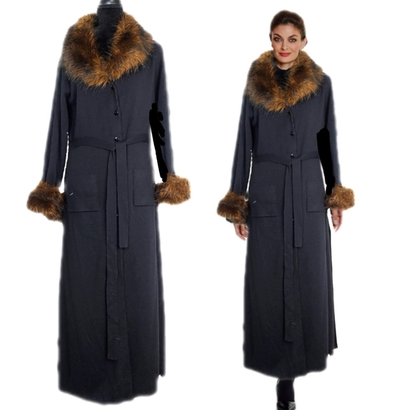 Nancy Bolen Womens Belted Black Wool Mix Faux Fur Collar Cuffs Coat Sz M EUC - Picture 2 of 9